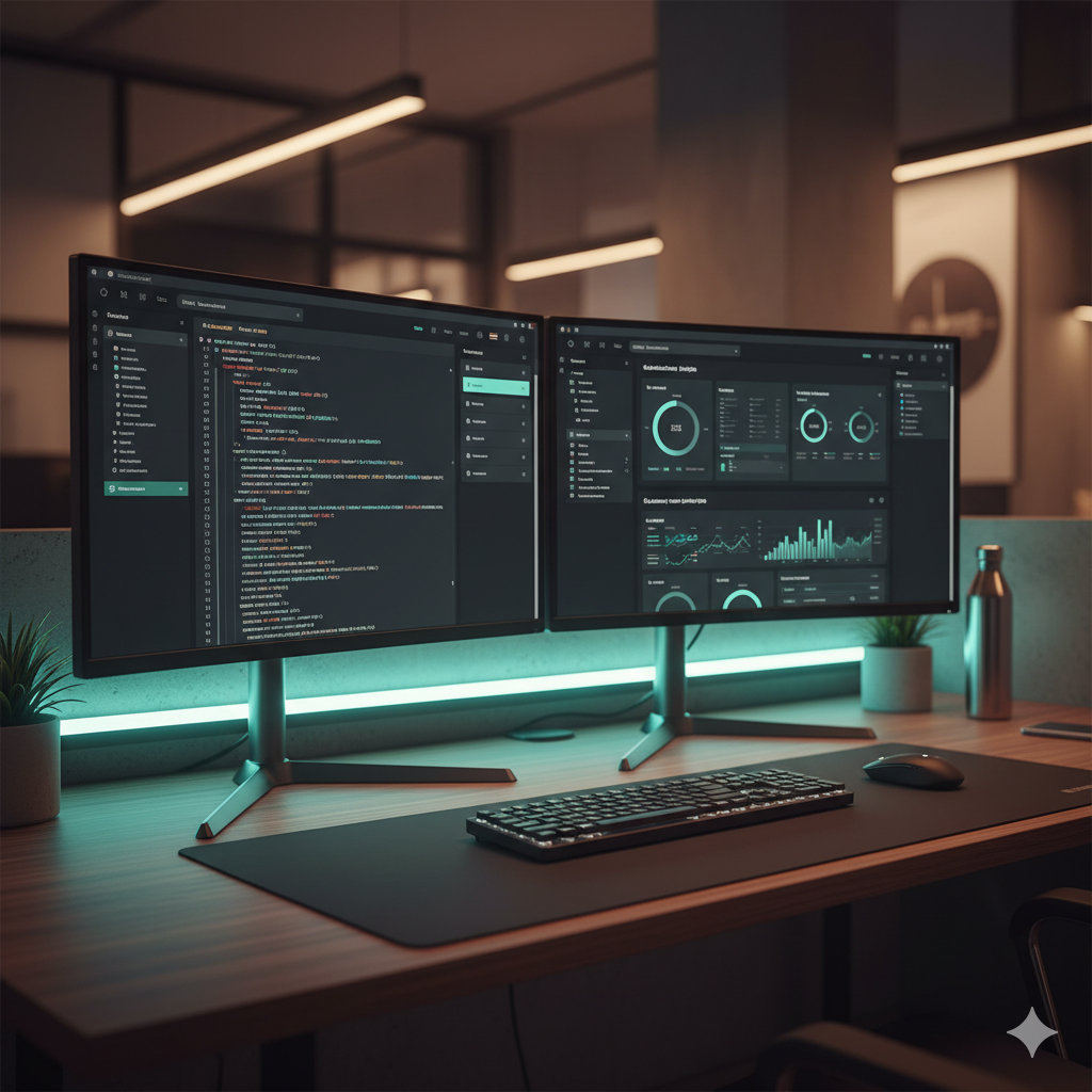 Clean code on a monitor with warm moody lighting reflecting off sleek surfaces