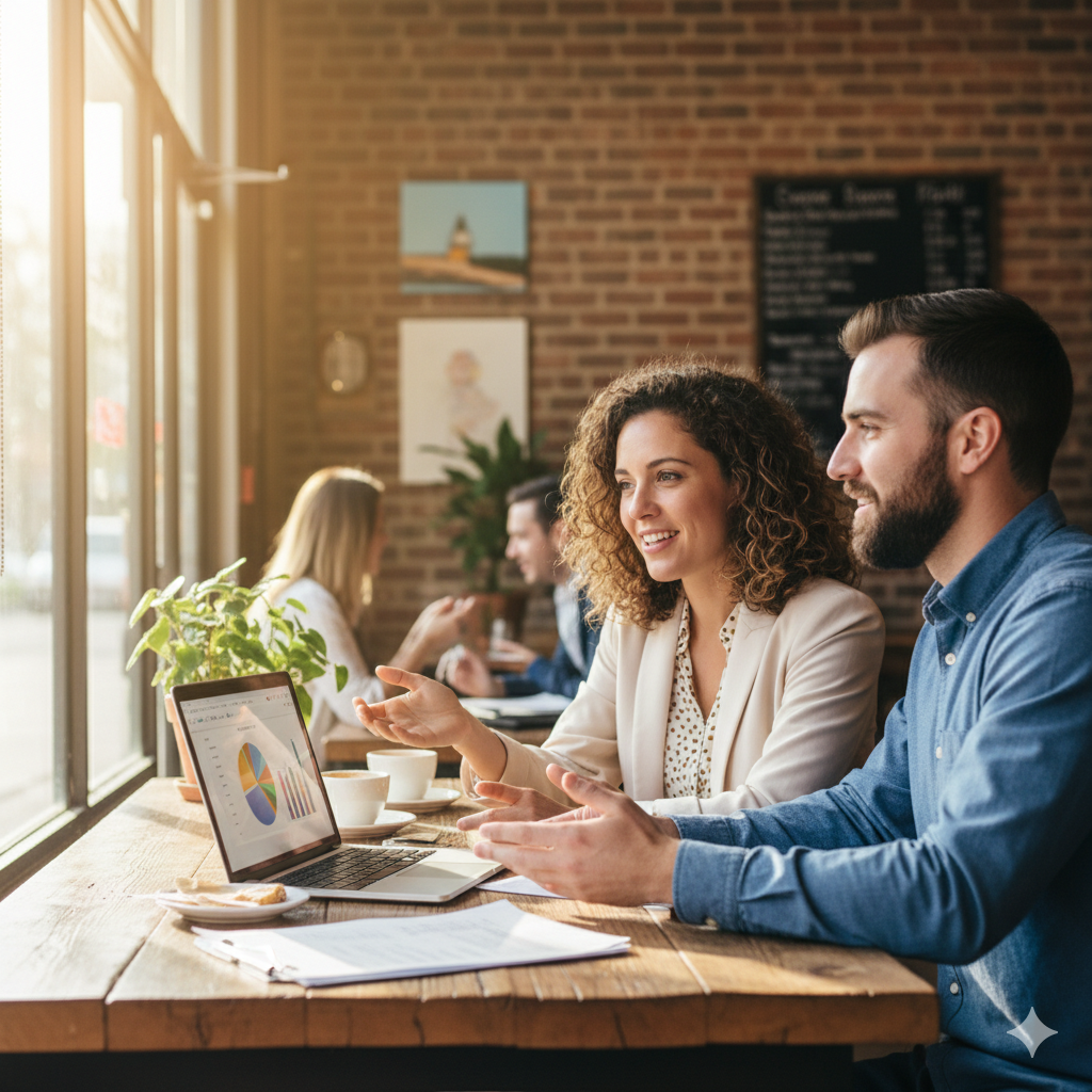 Two professionals collaborating over coffee in a bright sunlit Austin cafe